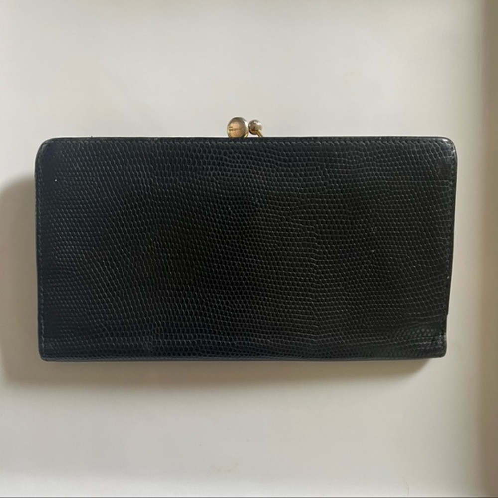 SALVATORE FERRAGAMO Leather Black Embossed Wallet Gold Checkbook Coin Holder - Picture 2 of 7
